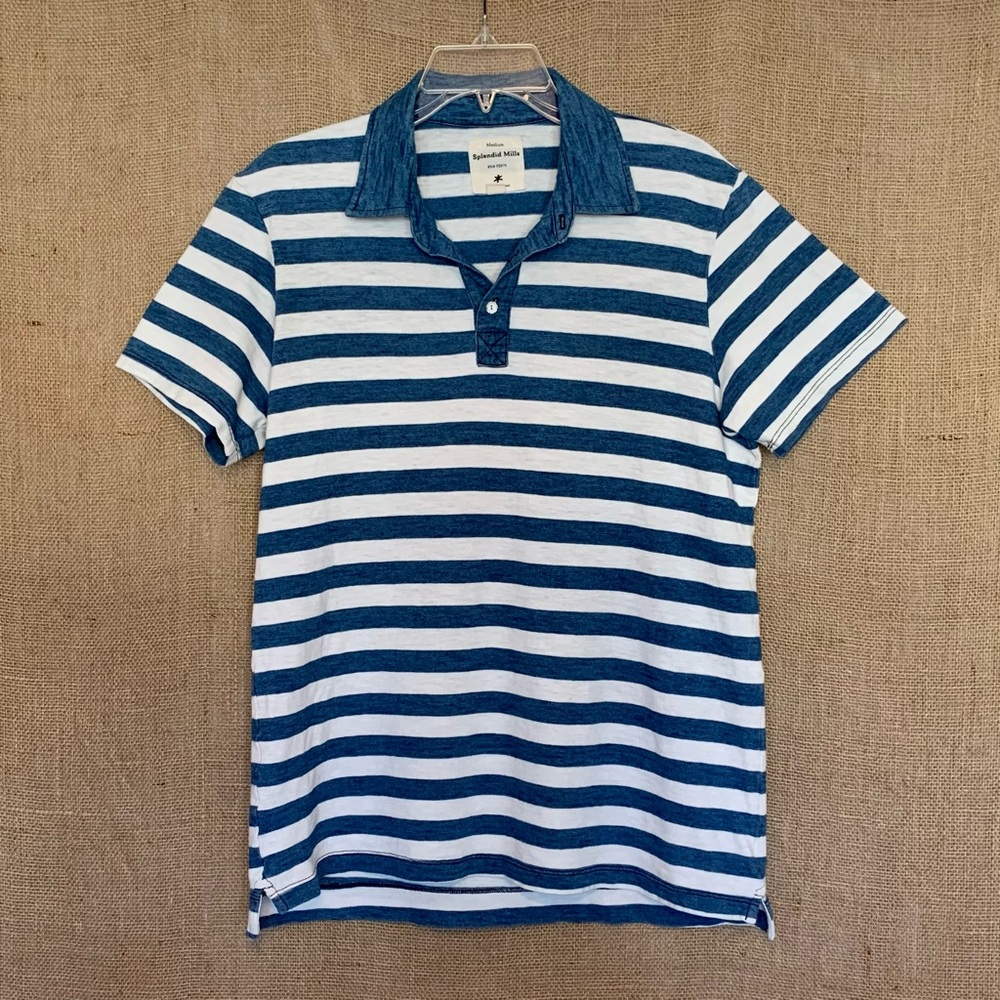 SPLENDID MILLS Men’s Polo Shirt Blue White Stripe